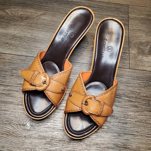 COLE HAAN Brown Leather Opened Toe Heeled Mules with Buckle - Picture 2 of 9